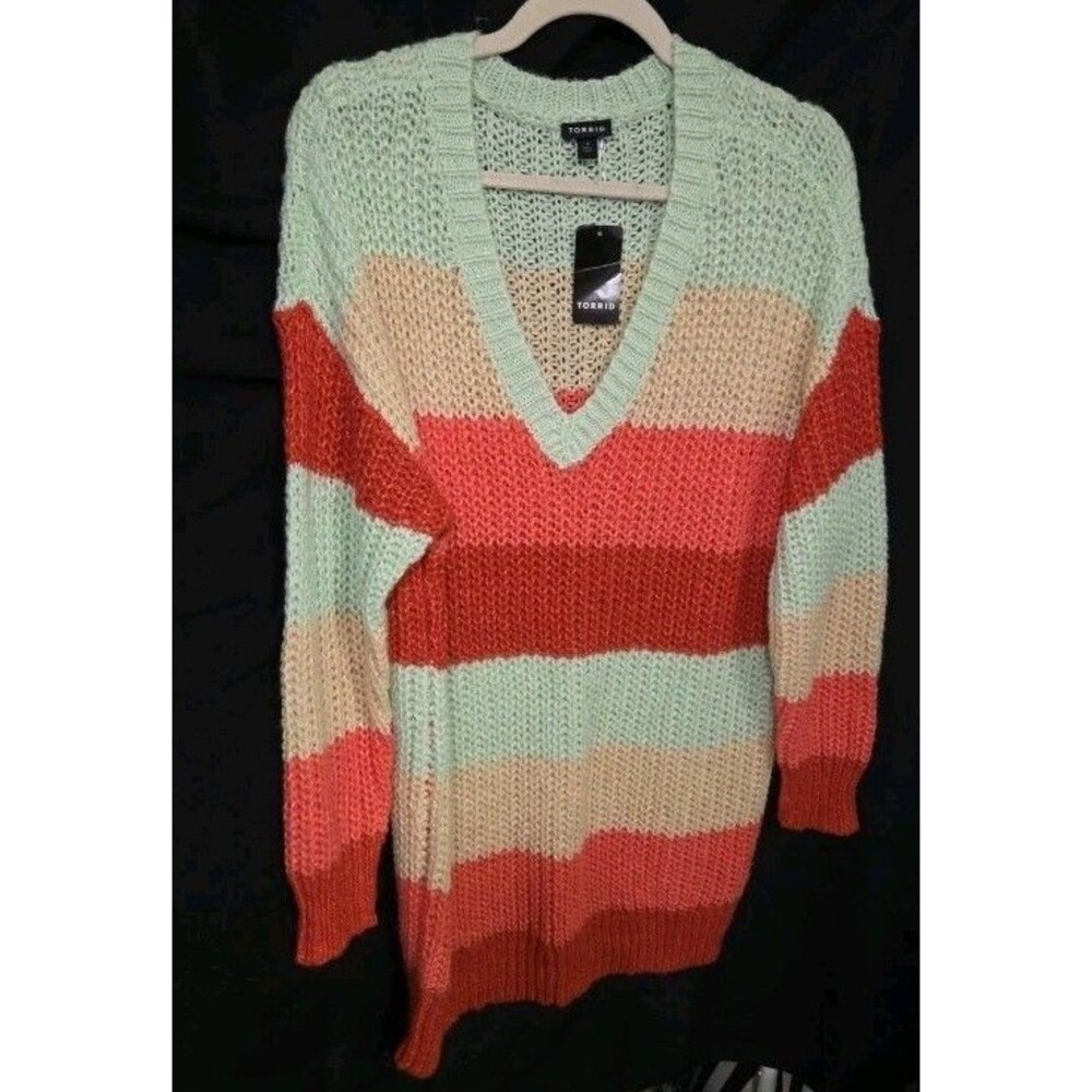 Torrid Sweater Long Chunky Knit Tunic Mint Coral Cream Rust 1 / 1X / 14-16